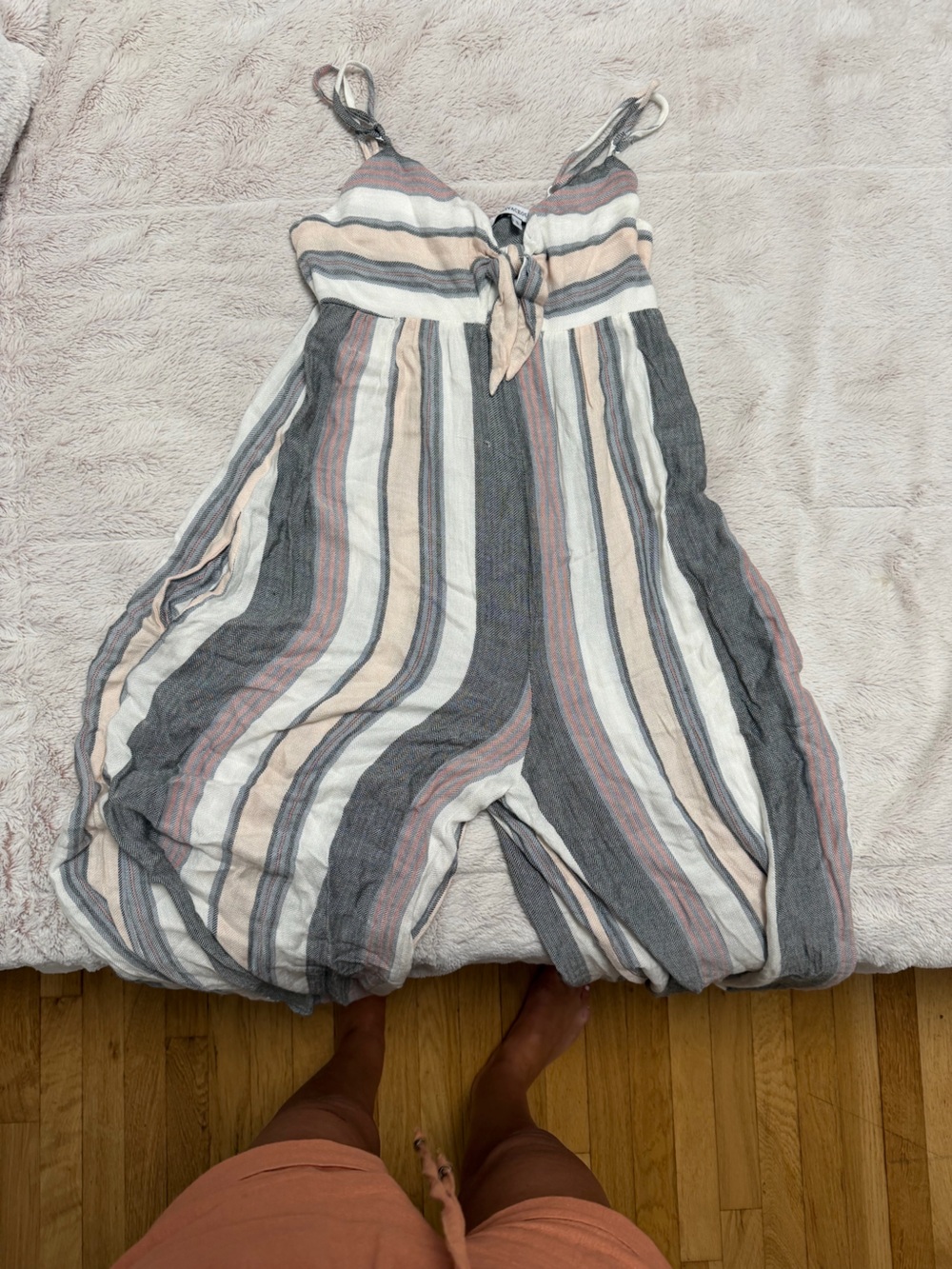 Olivaceous Striped jumpsuit in Gray, Cream & Pink
